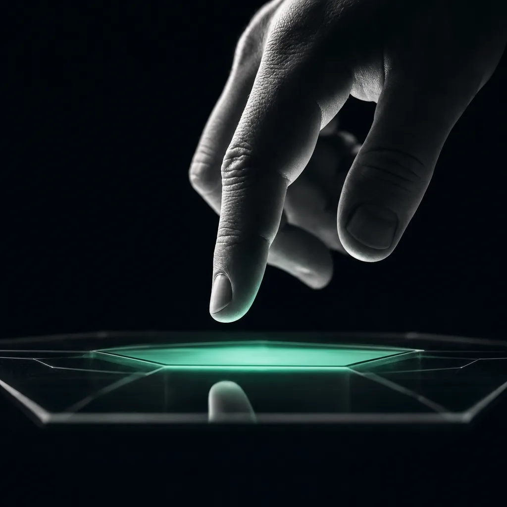 A hand hovering over a control surface, one light awaiting confirmation