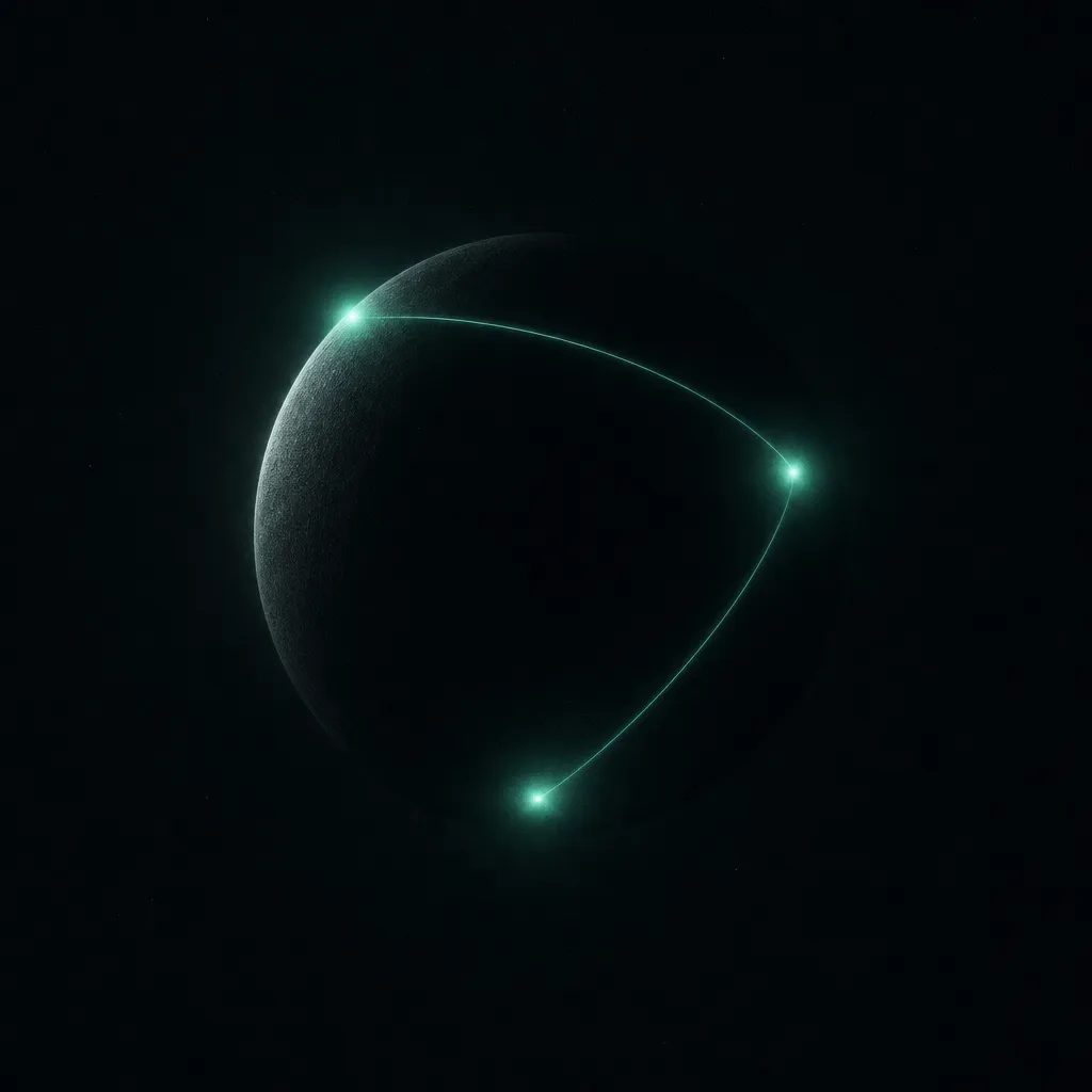 Three points of light connected across a dark sphere